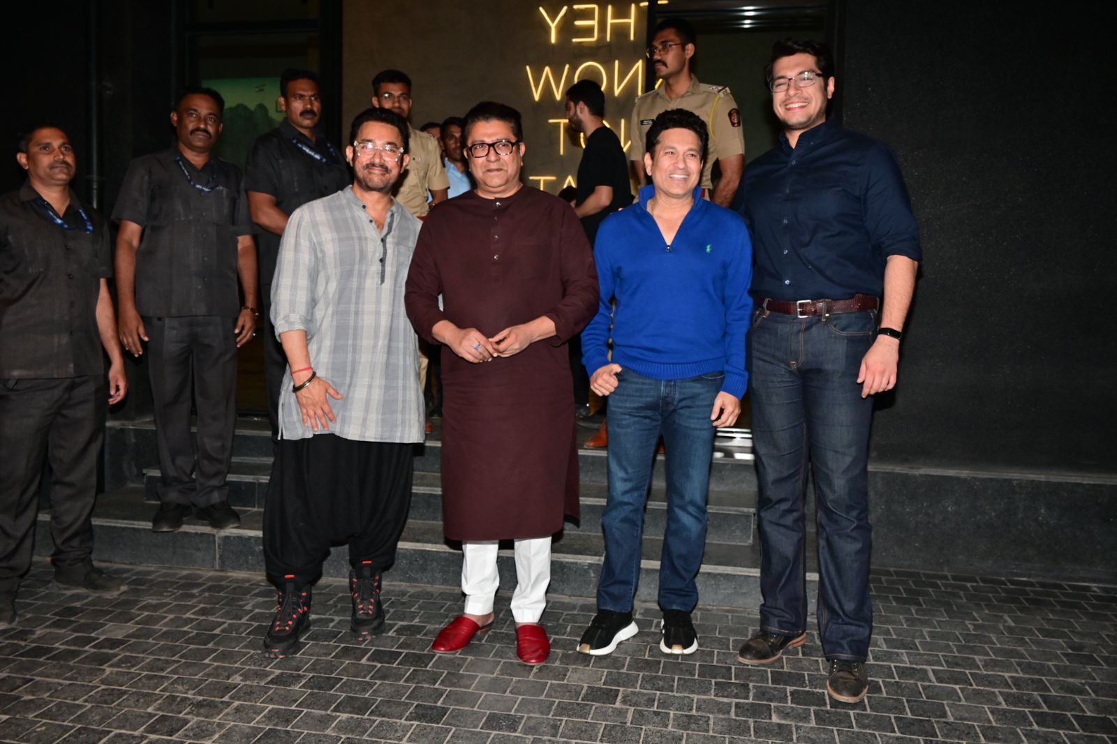 Sachin Tendulkar, who was also present at the screening, posed with Raj Thackeray, Aamir, and Junaid
